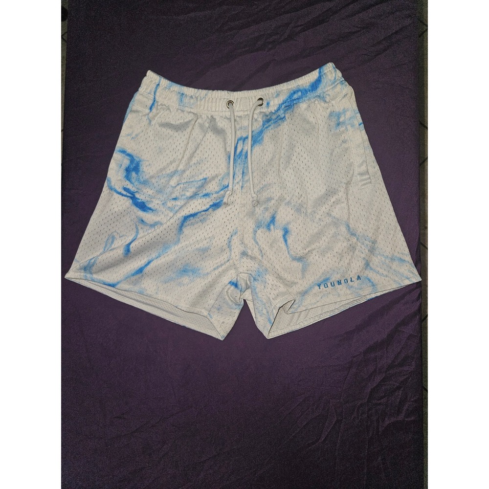YoungLA Mens Mesh Gym Shorts White Blue Marble Tie Dye Size Small